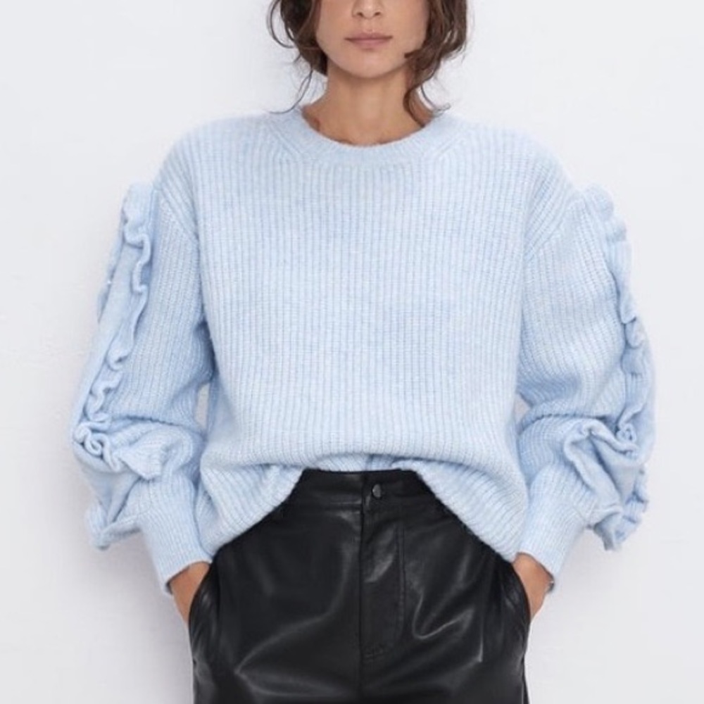 Zara Light Blue Knit Ruffle Sleeve Sweater